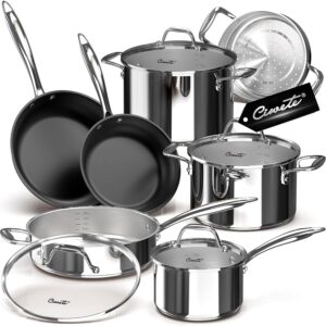 Ciwete Tri-Ply Stainless Steel Pots and Pans Set 11-PC, 18/10 Stainless Steel Induction Cookware Set with Steamer Insert, Kitchen Cookware Sets with Stay Cool Ergonomic Handles, Dishwasher, Oven Safe