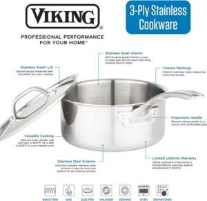 Viking Culinary 3-Ply Stainless Steel Cookware Set with Metal Lids, 10 Piece, Dishwasher, Oven Safe, Works on All Cooktops including Induction