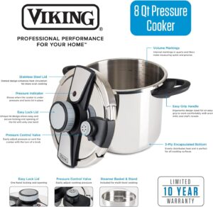 Viking Culinary 3-Ply Stainless Steel Pressure Cooker with Easy Clamp-Style Lock Lid, 8 Quart, Handwash Only, Works on All Cooktops including Induction