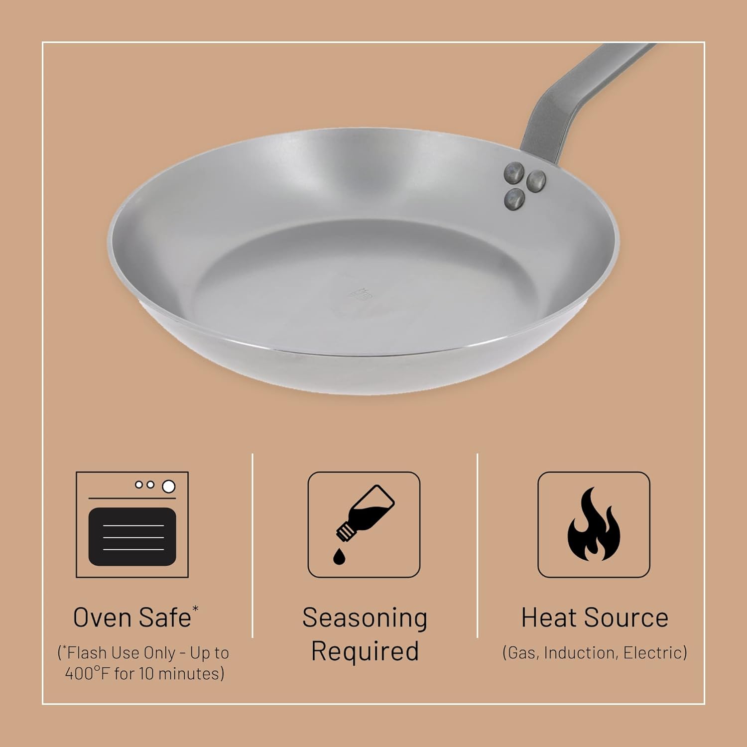 de Buyer MINERAL B Carbon Steel Fry Pan - 8” - Ideal for Searing, Sauteing  Reheating - Naturally Nonstick - Made in France