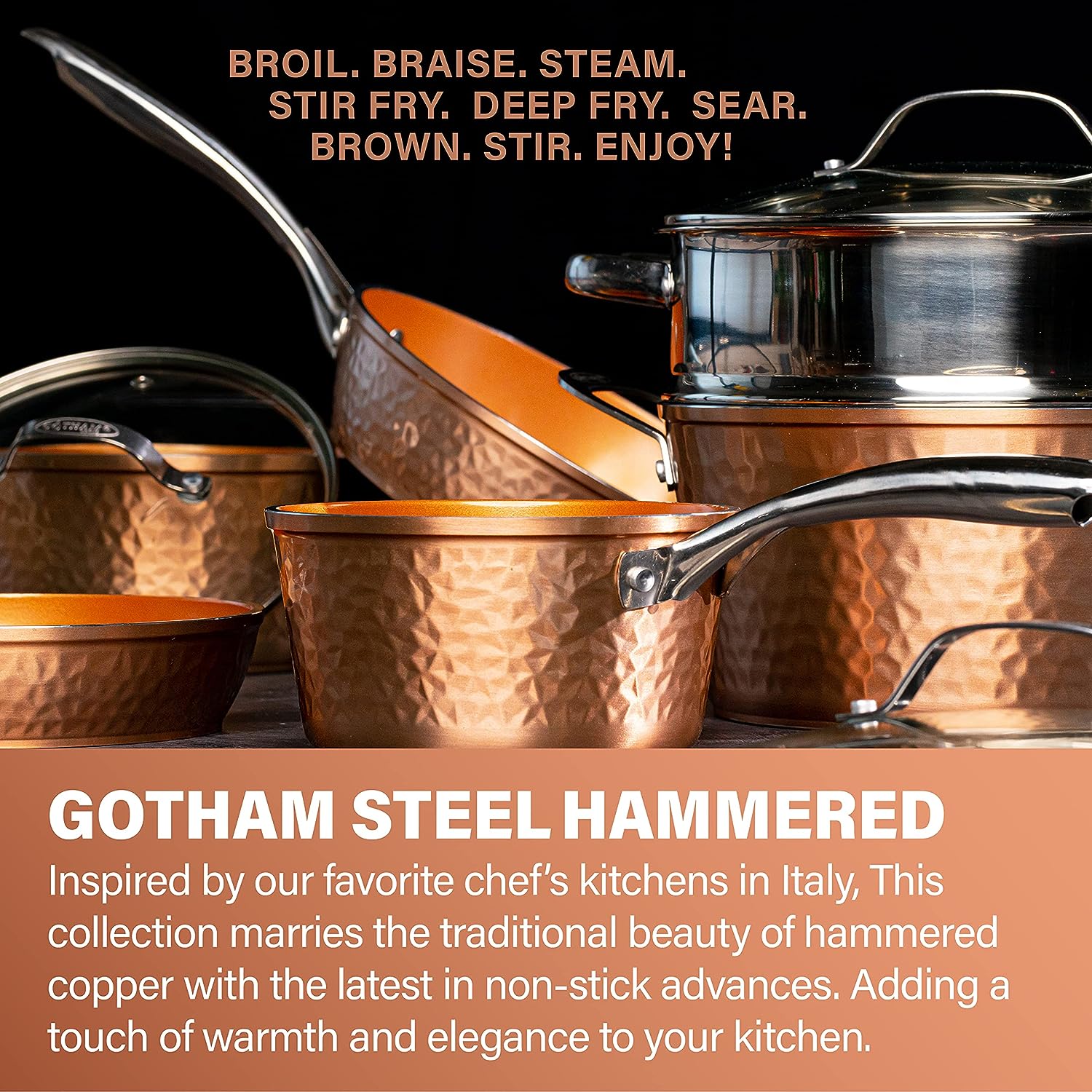 Gotham Steel Hammered 12 Inch Non Stick Frying Pan with Lid – Copper Nonstick Frying Pan, Premium Ceramic Cookware with Stay Cool Handles and Induction Plate for Even Heating, Dishwasher/Oven Safe