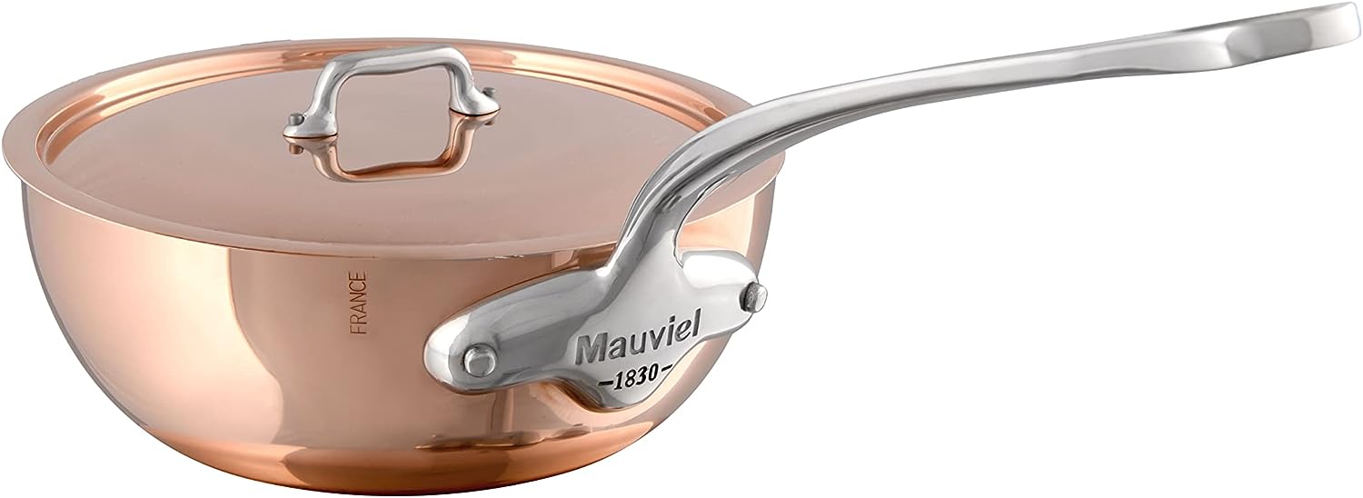 Mauviel M150 S 1.5mm Polished Copper  Stainless Steel Splayed Curved Saute Pan With Lid, And Cast Stainless Steel Handle, 2.1-qt, Made In France