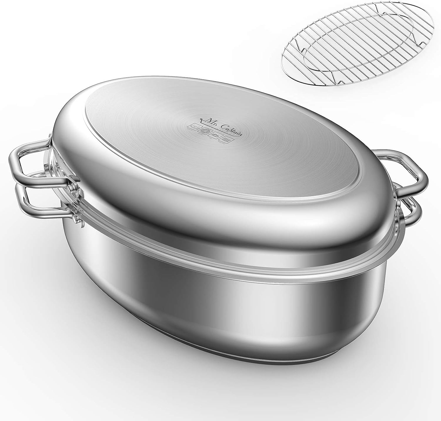 Mr Captain Roasting Pan with Rack and Lid,18/10 Stainless Steel Multi-Use Oval Turkey Roaster,Induction Compatible Dishwasher/Oven Safe Roaster (12 Quart)