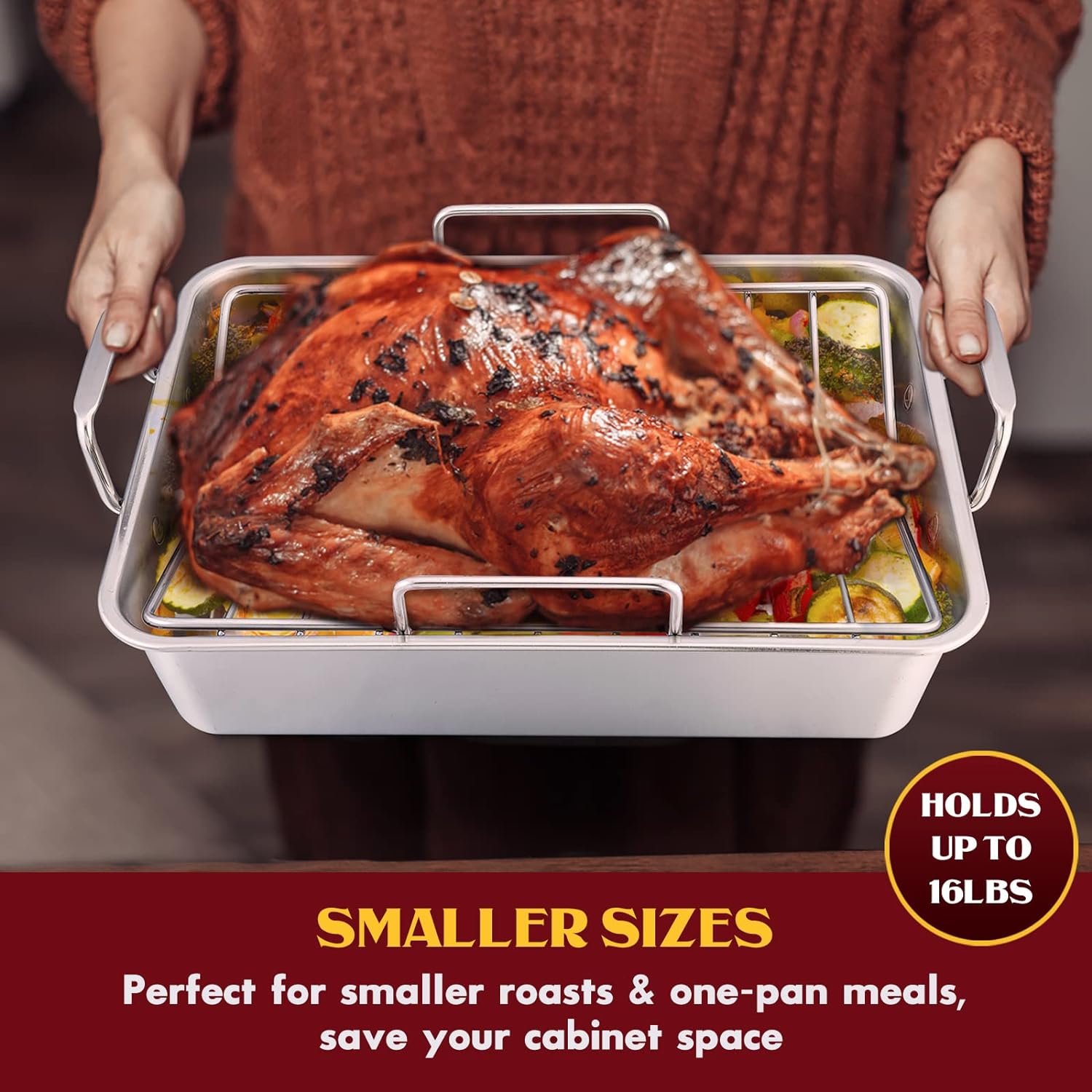 Small Roasting Pan, E-far 14 Inch Heavy Duty Stainless Steel Turkey Roaster with V Rack  Baking Rack Set, Metal Deep Broiling Pan for Oven Cooking Lasagna Meat Chicken - Dishwasher Safe