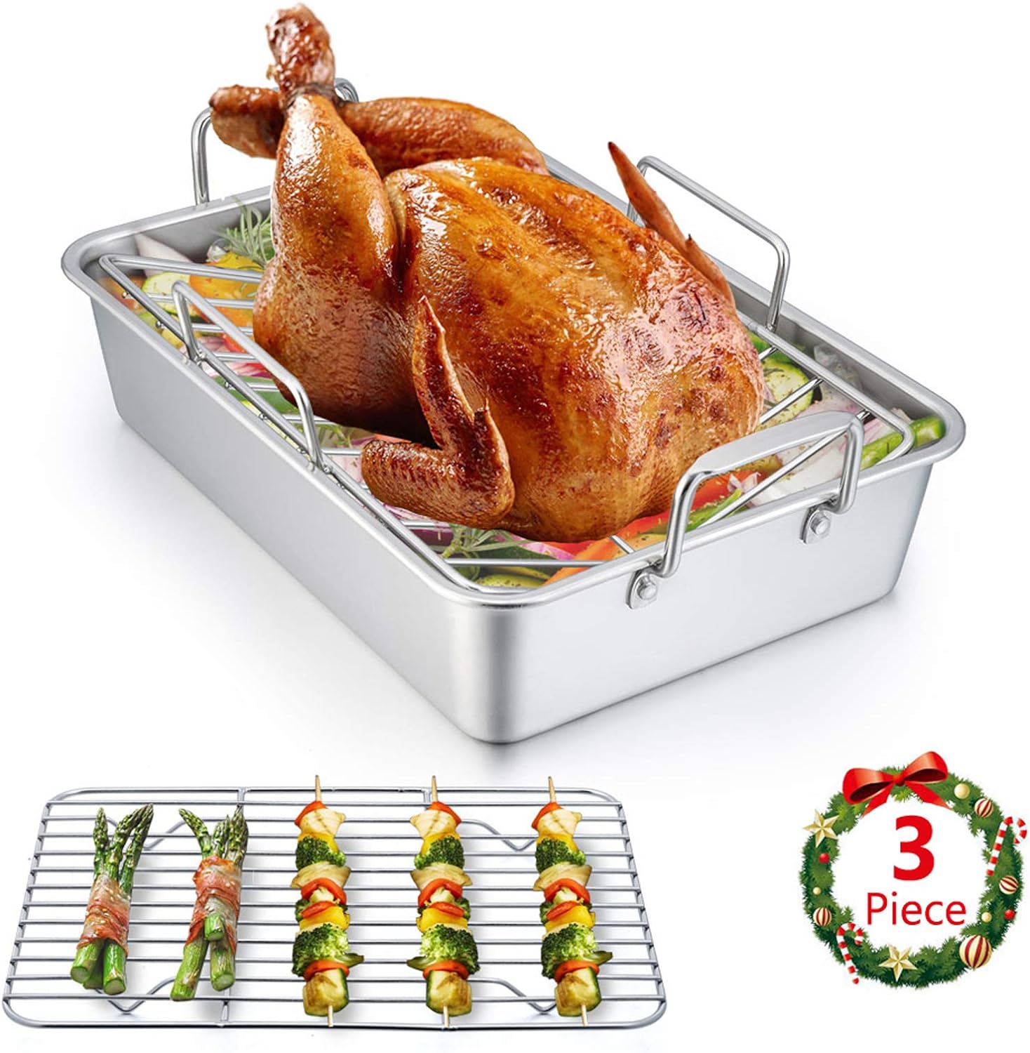 Small Roasting Pan, E-far 14 Inch Heavy Duty Stainless Steel Turkey Roaster with V Rack  Baking Rack Set, Metal Deep Broiling Pan for Oven Cooking Lasagna Meat Chicken - Dishwasher Safe