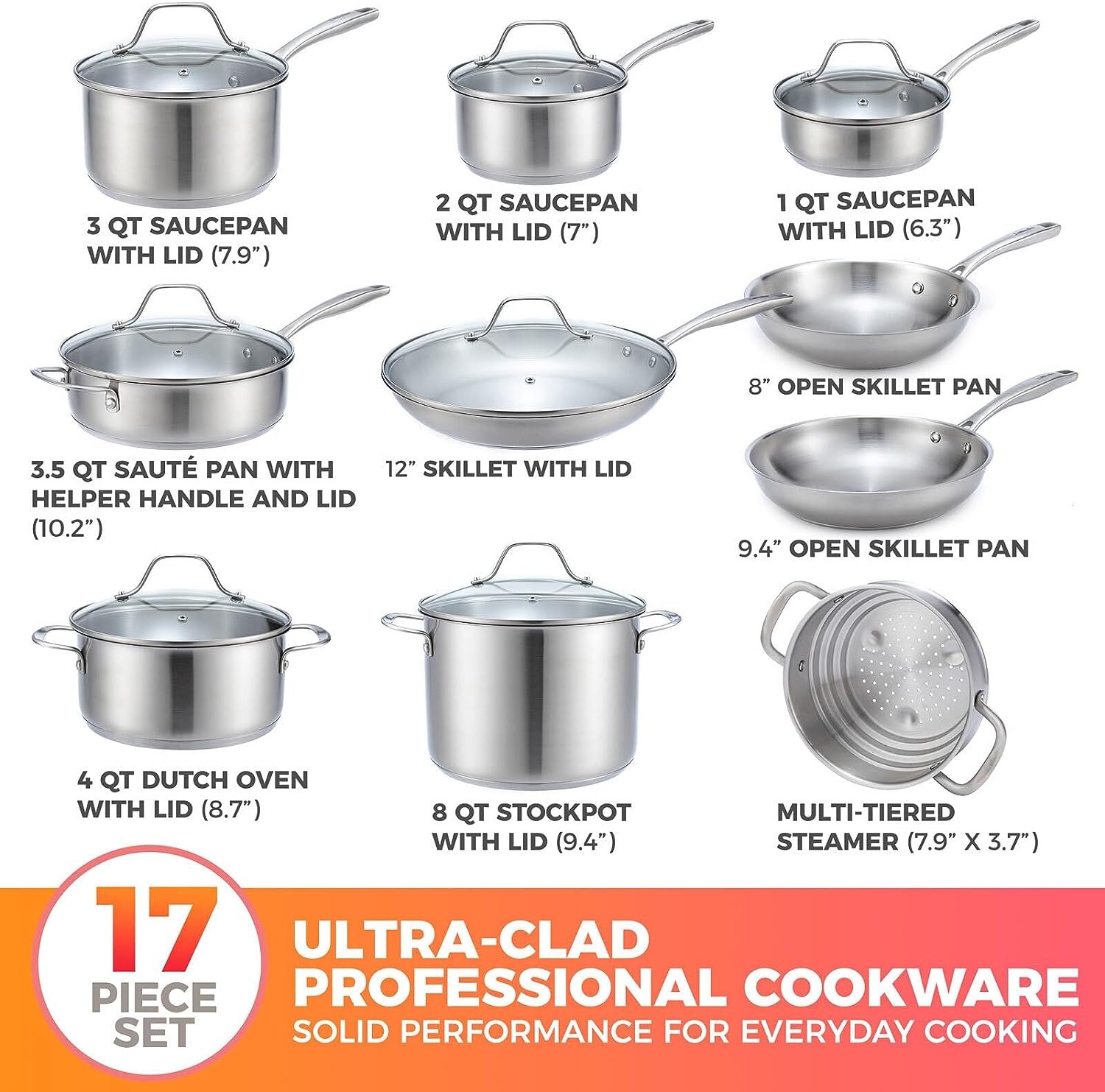 Mueller Pots and Pans Set 17-Piece, Ultra-Clad Pro Stainless Steel Cookware Set, Ergonomic EverCool Handle, Includes Saucepans, Skillets, Dutch Oven, Stockpot, Steamer More