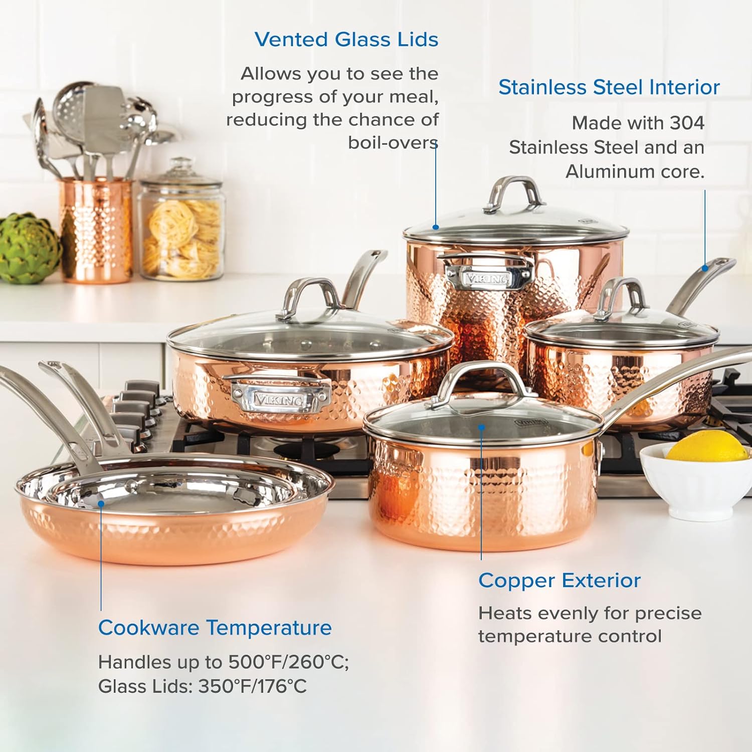 Viking Culinary 3-Ply Stainless Steel Hammered Copper Clad Cookware Set, 10 Piece, Oven Safe, Works on Electronic, Ceramic, and Gas Cooktops